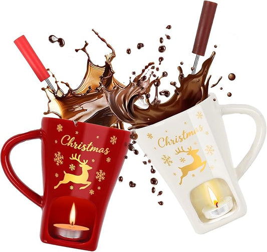 HANEVEAR 2 Pack Chocolate Fondue Mug, Mini Chocolate Melting Mug with 4 Forks and 4 Tealights, Ceramic Fondue Cup with Festive Holiday Pattern for Cheese, Butter - Birthday, Christmas, Wedding Gift
