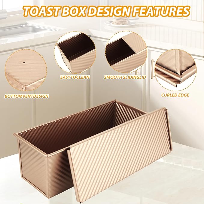 STARVAST Pullman Loaf Pan with Lid, 2.2 lb Non-Stick Black Bread Loaf Pan for Homemade, Carbon Steel Bread Toast Box with Dough Scraper Cutter