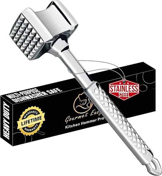 Stainless Steel Meat Tenderizer Tool, Premium Meat Mallet with Non-Slip Grip, Dual-sided Kitchen Mallet Ideal for Tenderizing Steak, Poultry & Chicken Cutlet, Dishwasher Safe with Lifetime Replacement