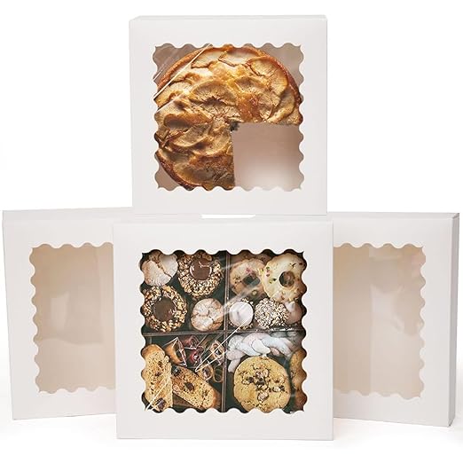 qiqee Auto-pop Up White Pie Boxes with Window 10x10x2.5 inch 20Packs Cookie Donut Bakery Box