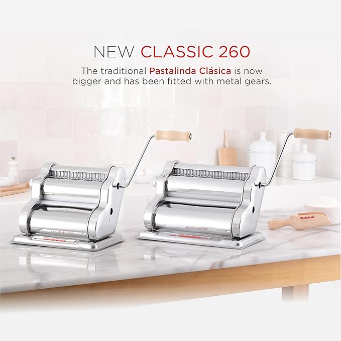 PASTALINDA Classic 260 Pasta Maker Machine, 26 cm Wide Rollers, 9 Thickness Positions, 2 Cutting Positions, Stainless Steel. Includes Reinforced Hand Crank And Two Clamps (Blue)