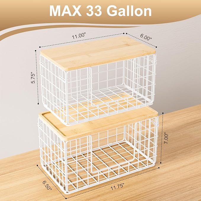 2 Pack Trash Bag Dispenser, Trash Bag Holder with Bamboo Top, Garbage Bag Dispenser, Storage Stackable for Kitchen Laundry Organizers Countertop Organization, White