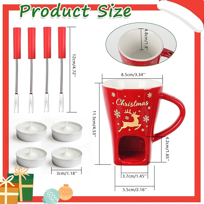 HANEVEAR 2 Pack Chocolate Fondue Mug, Mini Chocolate Melting Mug with 4 Forks and 4 Tealights, Ceramic Fondue Cup with Festive Holiday Pattern for Cheese, Butter - Birthday, Christmas, Wedding Gift