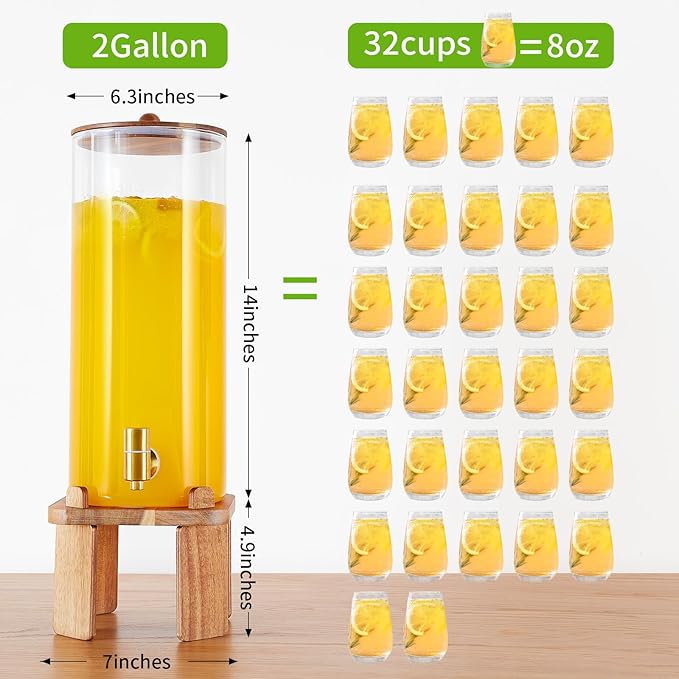 2 Gallon Large Drink Dispenser for Parties,Glass Beverage Dispenser with Stand,Water Drink Dispenser with Airtight Valve,Lemonade Dispenser for Fridge,Water, Juice,Punch,Cocktails,Ice Tea & Sun Tea-8L