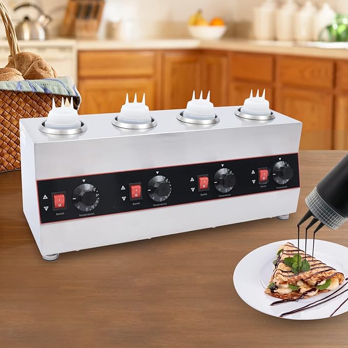 Electric Nacho Cheese Warmer Machine 4 Pot Commercial Hot Fudge Dispenser Stainless Steel Hot Chocolate Dispenser with 4 Sauce Squeeze Bottles for Cheese Caramel Jam Ketchup 640W (4 Pot)