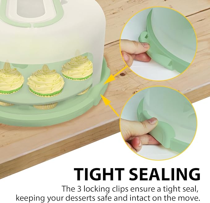Green Plastic Cake Carrier with Lid and Handle, 4 in 1 Multipurpose Cupcake Holder Stand for 11 '' Cake, Round Portable Dessert Storage Container Box with Cover for Pie Pizza Eggs Fruit Snack
