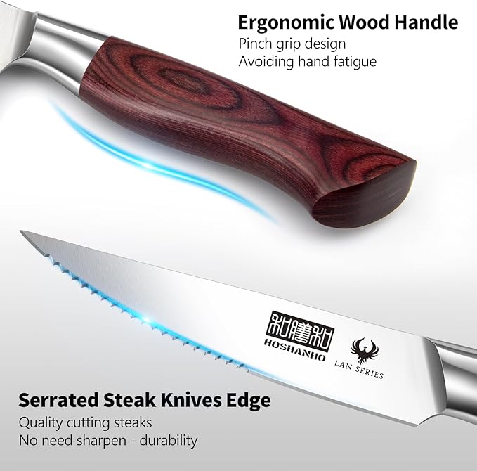 Steak Knife Set 8 Pieces, 4.5 Inch Super Sharp High Carbon Stainless Steel Steak Knife Set, Professional Premium Serrated Precise Cutting with Ergonomic Wood Handle