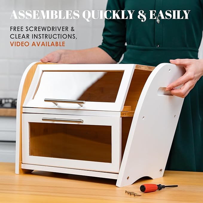 Arise Stylish Bamboo Bread Box for Kitchen Countertop, Extra Large 2-Shelf Wooden Bread Storage Container with Clear Windows and Air Vents Keep Bread, Bagels and Rolls Fresh, Self Assembly