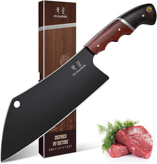 Meat Cleaver Knife 8inch - Black Butcher Knife for Meat Cutting, Japanese High Carbon Steel Vegetable Cleaver for Chopping, Kitchen Cooking Knife with Wooden Handle, Gift for Men