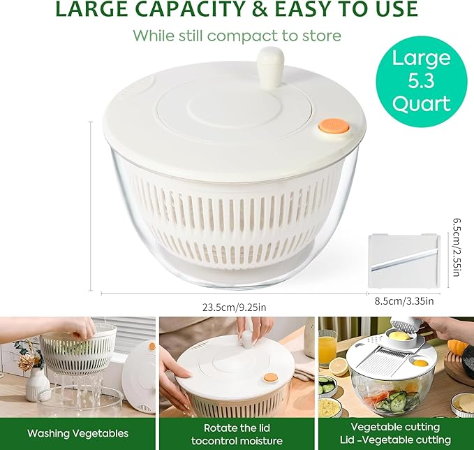 Large Salad Spinner and Slicer - 5.3 Qt, Grater with Container and Lid & Kitchen Gadget set, Vegetable Dryer Grater, with Fruits Wash Bowl, with Slicer and Shredder (Ivory White)