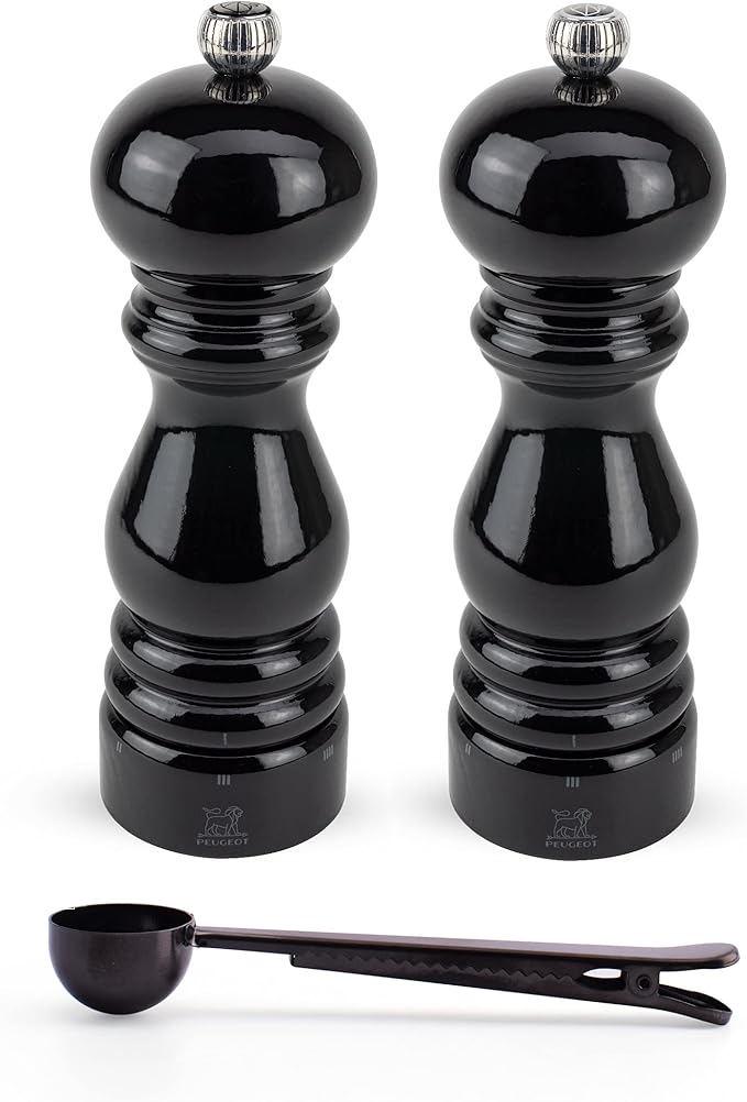 Peugeot Paris u'Select 6 Setting Manual Salt & Pepper Mill Set With Black Stainless Steel Spice Scoop Made In France (Black Lacquered, 7- Inch)