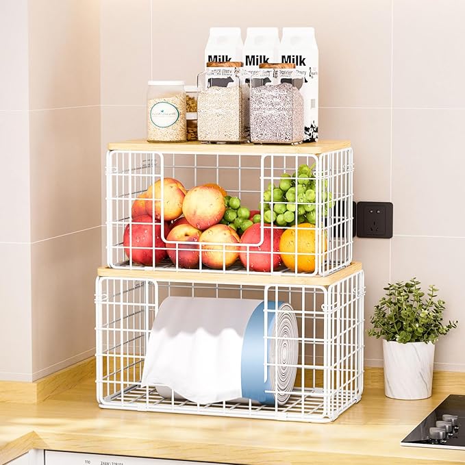 2 Pack Trash Bag Dispenser, Trash Bag Holder with Bamboo Top, Garbage Bag Dispenser, Storage Stackable for Kitchen Laundry Organizers Countertop Organization, White