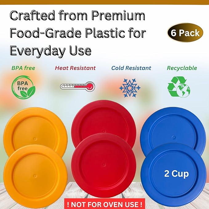 2 Cup/470 mL Orange, Red, Blue Replacement Lids/Covers for Pyrex 7200-PC, 2 Cup/16oz Anchor Hocking & Klare Ware Storage Bowls *Lids Only* - *Glass Container Not Included* (6 Pack, Orange, Red, Blue)