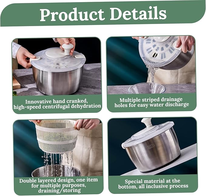 Salad Spinner 5L Dual Layer Stainless Steel & PP Lettuce Spinner with Lid & Rotating Handle Multi-Purpose Quick Dry Fruit and Vegetable Wash for Kitchen, Salad, Lettuce