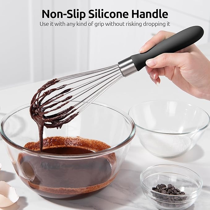 U-Taste Balloon Whisk for Cooking: 18/10 Stainless Steel Kitchen Wire Whisk, Medium Heavy Duty Egg Beater, Manual Baking Mixing Tool with 8 High Flex Wires for Stirring, Blending Sauce (Black)