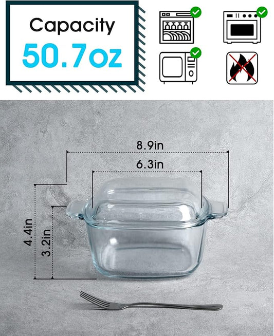 NUTRIUPS 1.5L Glass Casserole Dish with Lid Square Casserole Dish Glass Oven Bakeware Microwave Safe Dish with Lid