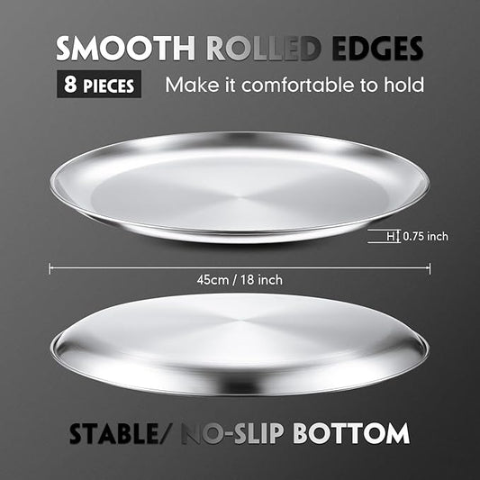 Thenshop 8 Pieces 18 Inch Pizza Pans Bulk Stainless Steel Sets Round Bakeware Pizza Trays for Oven Kitchen Baking Home Restaurant Safe Sturdy Reusable Easy Clean(Matte Silver)