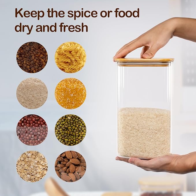 156oz Airtight Glass Square Storage Canister with Bamboo Lid Set of 2(4600ml*2) Large Gallon Glass Jars for Sugar, Flour, Cookies and Coffee beans (with Black Lable)