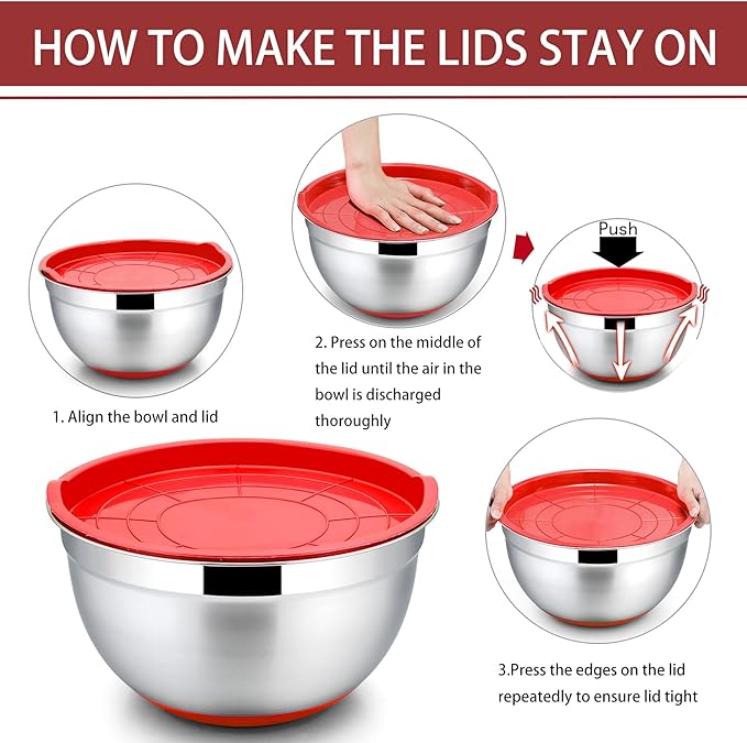 P&P CHEF Mixing Bowls With Lids, Set of 6, Stainless Steel Nesting Mixing Bowls & Fitting Lids & Non-Slip Silicone Bottom, Ideal for Mixing, Storing, Size 0.7/1/1.5/2.5/3/4.6 Qt, Red