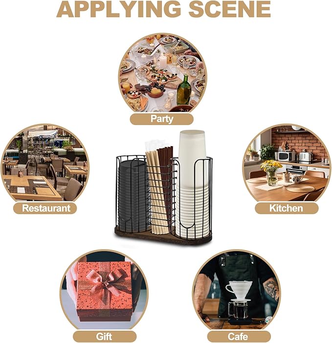 3-Compartment 18oz Coffee Cup Dispenser Rack with Wood Base, Disposable Cup, and Lid Organizer for Countertop - Perfect for Paper Cups, Straws, and Kitchen Cabinet Storage