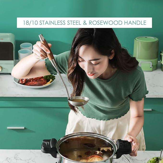 18/10 Stainless Steel Kitchen Utensils Set with Wood Handle - 15”Metal Cooking Tools & Serving Utensil, 8-Pieces Cooking Spoons Set - Spatula, Ladle, Skimmer, Turner, Pasta, Solid Spoon, Slotted Spoon