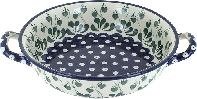 Blue Rose Polish Pottery - Blue Alyce Small Round Casserole with Handles - 8.25" Diameter - Unique, Dishwasher Safe, & Durable Bakeware