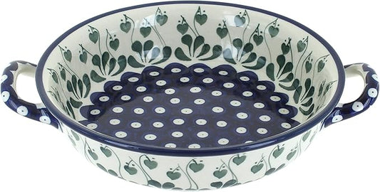 Blue Rose Polish Pottery - Blue Alyce Small Round Casserole with Handles - 8.25" Diameter - Unique, Dishwasher Safe, & Durable Bakeware