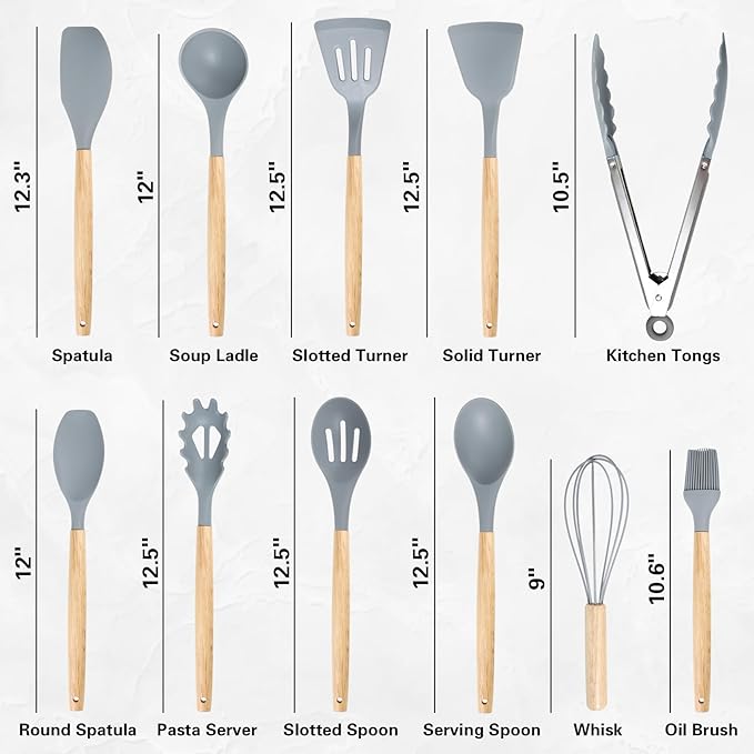 19 PCS Kitchen Cooking Utensils Set, 11 Pieces Silicone Cooking Utensils Set 6 Pieces Sharp Stainless Steel Gray Knife Set with 1 Piece Cutting Board, Ideal for Apartment