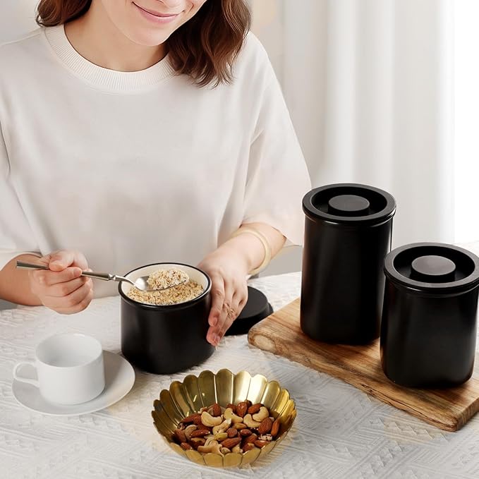 Nucookery Canisters Sets for the Kitchen Countertop, 3 Pcs Ceramic Jar with Silicone Lid, 40oz, 30oz, 20oz Food Storage Containers for Flour, Sugar, Coffee, Grains,Tea, Cookies, Dry Food Organization