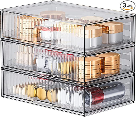 ZHIAI Stackable Storage Drawer, 3 Piece Acrylic Organiser for Cosmetics and Beauty Products, Suitable for Dressers, Bathrooms, Cabinets, Storage Rooms, Bedrooms and Home Organisers