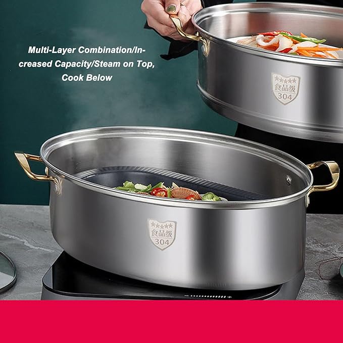 Stainless Steel Fish Poacher Pot, Oval Cookware with Glass Cover, Ceramic Plate and Steaming Rack