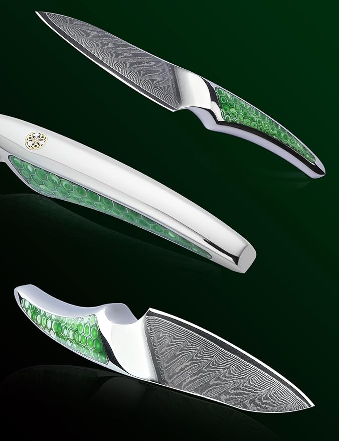 3.5 inch Paring Knife, Japanese VG-10 Damascus Steel Kitchen Knife, Ultra Sharp Fruit Knife with Full-tang Handle in Green Resin, LA-S9 Series