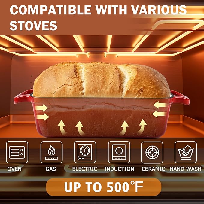 9 x 5 Inch Bread Pan Enameled Cast Iron Loaf Pan with Lid for Baking, 2 in 1 Non-stick Sourdough Bread Loaf Pan for Homemade Bread, Oven & Stovetop Safe for Gas, Electric & Induction, Red