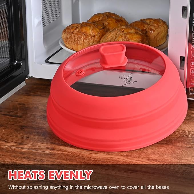 Microwave Splatter Cover Glass Splatter Guard Lid with Collapsible Silicone for Food Pot Plate Cover 10.8 inch Red