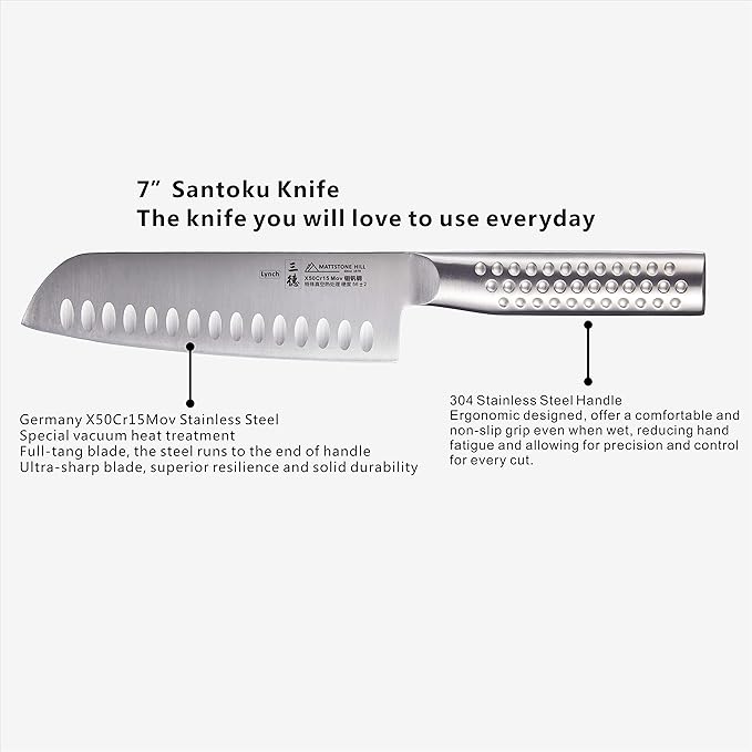Santoku Knife - MATTSTONE HILL 7" Hollow Edge Asian Knife, Chef Knife, Kitchen Knife, German Steel, 304 Stainless Steel Handle