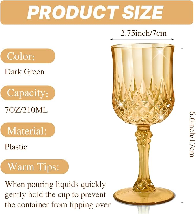 12 Pcs Plastic Amber Wine Drinking Glasses, Plastic Vintage Gold Champagne Vintage Wine Glasses, Unbreakable Goblets for Parties Wedding, Party, Red Wine Glass, Bars, Restaurants, 7Oz