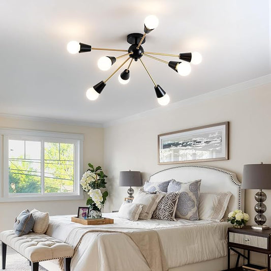 Modern Sputnik Chandelier - 8-Lights Farmhouse Ceiling Lights Fixture Black and Gold Semi Flush Mount Ceiling Light for Living Room Bedroom Hallway Entryway