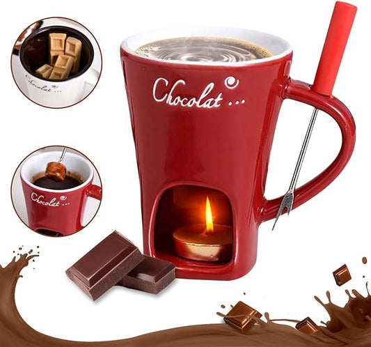 Sweet Fondue Cup for Date Night and More, Chocolate Melting Cup Set with Forks, Perfect as Fondue Mug or Chocolate Fondue Mug - Ideal Gifts for Birthday, Wedding, Mini Simmer Mug (Red)