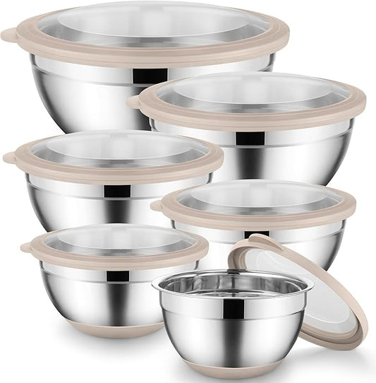 Onader Mixing Bowls with Lids Set of 6, Large Metal Nesting Mixing Bowls, Stainless Steel Non-Slip Salad Bowl Khaki – Size 1, 1.5, 2, 2.6, 3.5, 7QT