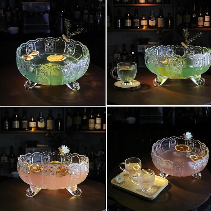 Vintage Crystal Glass Punch Bowl with Ladle - 1 Gallon Unique Design Drink Dispenser - Heavy and Sturdy PunchBowl Set for Centerpiece Table Decorations at Parties