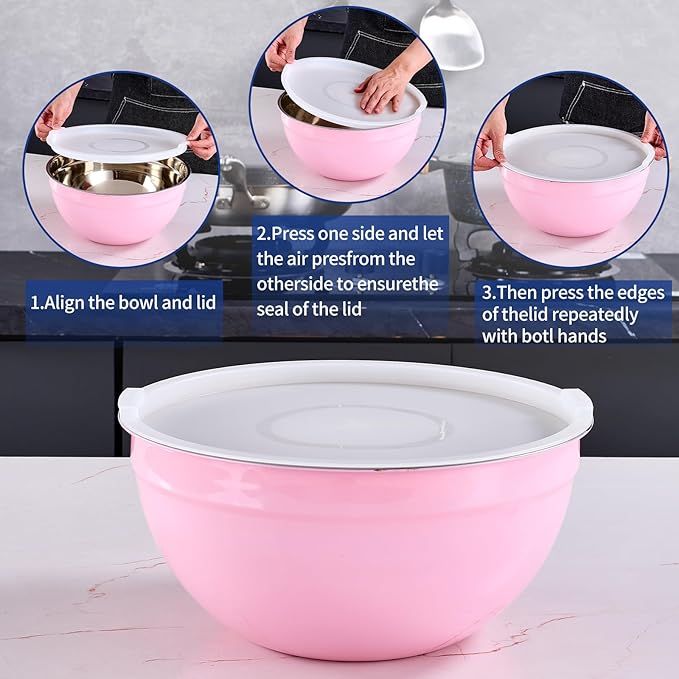 Pink Mixing Bowls With Airtight Lids,Stainless Steel Bowl,Salad Bowls 7 Piece Colorful Nesting Bowl Pink Kitchen Accessories,Size 7,3.6,2.7,2.1,1.5,1.1,0.8QT Stackable Design