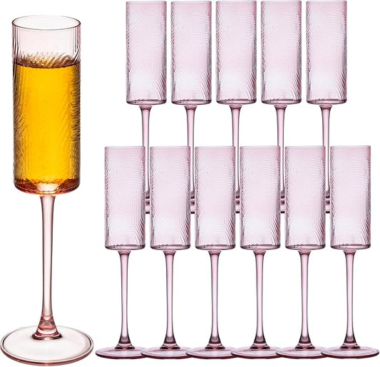 12 Pieces Pink Champagne Flutes,6 OZ Twill Pattern Striped Vintage Stem Glasses Stemware Wine Glasses Champagne Long Stem Drinking Colored Glasses Goblets for Wedding Cocktail Cups,Cava, Prosecco