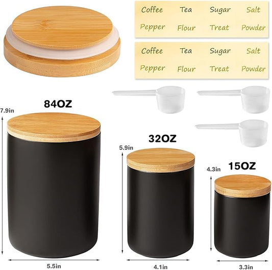 Yangbaga Black Canisters for Kitchen-Kitchen Canisters for Countertop with Airtight Wood Lids/Spoons/Stickers,Ceramic Kitchen Storage Containers for Large Flour,Suger,Coffee(15 OZ