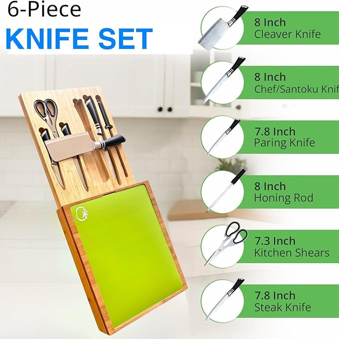 3-in-1 Bamboo Cutting Board Set – Pre-Oiled 15.7"x13.5" – Knife Drawer | Anti-Slip | Color-Coded Mats | 6-Piece Knife Set | Premium Gift | Charcuterie & Prep
