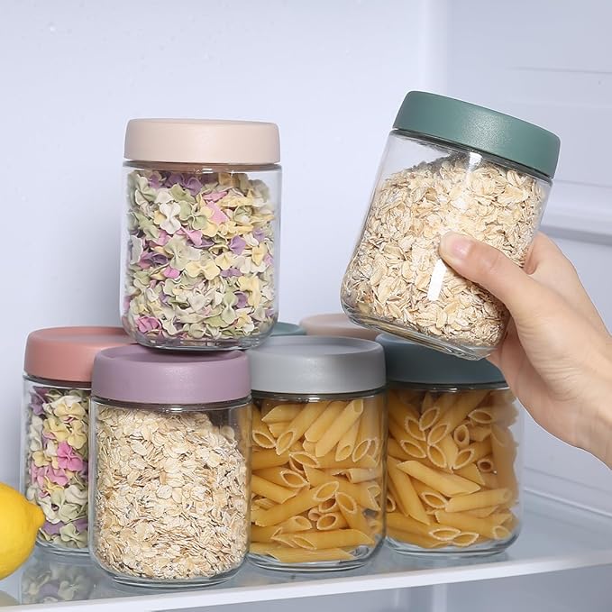 16 OZ Glass Mason Jars with Airtight Lids Wide Mouth Leakproof Pantry Organization Food-Grade Storage Containers for Honey,Salad,Yogurt and Snacks (Plastic Lid-6 Pack)