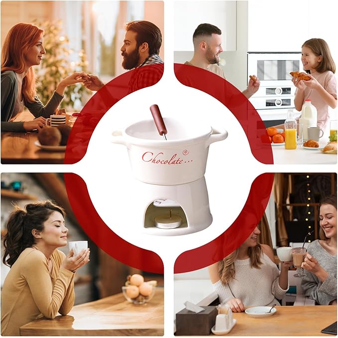 Chocolate Fondue Mug - 330 ml Ceramic Chocolate Melting Cup | Ceramic Personal Fondue Coffee Mug Warmer with Fork | Handmade Melting Butter Warmer for Appetizer Dessert Cheese (White)