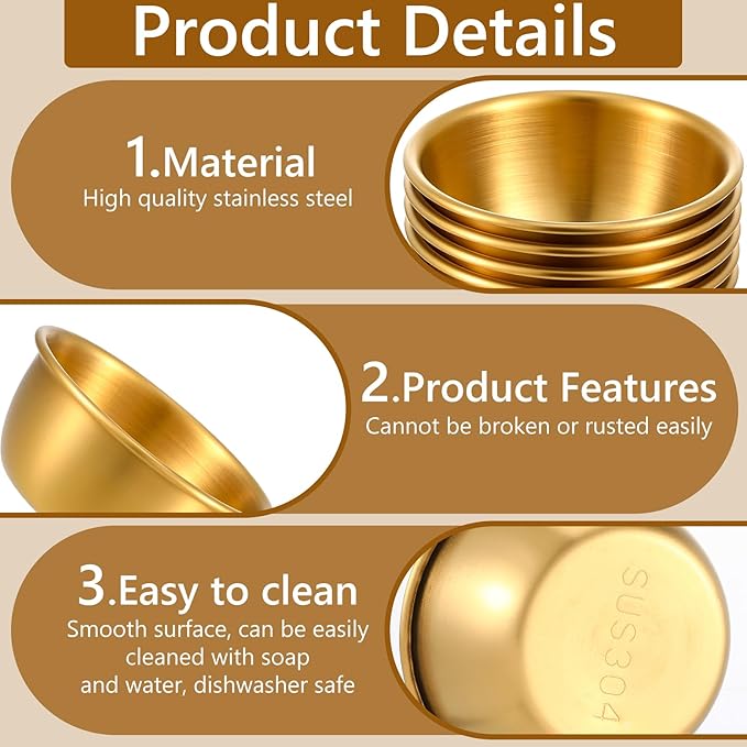 12 Pcs Stainless Steel Dipping Sauce Cups 2 oz Ramekin Mini Sauce Bowls Gold Condiment Cups Reusable Metal Ramekins Containers for Home Kitchen Restaurant Party (Gold)