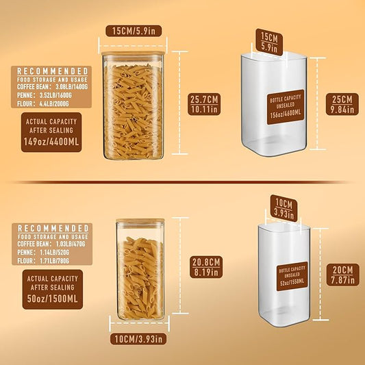 156oz 52oz Airtight Glass Square Storage Canister with Bamboo Lid Set of 2(4600ml*1 1550ml*1) Large Gallon Glass Jars for Sugar, Flour, Cookies and Coffee beans (with Black Lable)