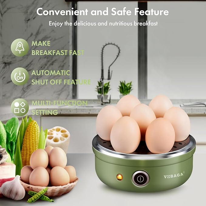 VOBAGA Electric Egg Cooker, Rapid Egg Boiler with Auto Shut Off for Soft, Medium, Hard Boiled, Poached, Steamed Eggs, Vegetables and Dumplings, Stainless Steel Tray with 7-Egg Capacity (Green)