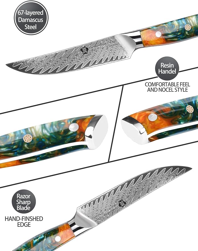 WILDMOK Steak Knives, 5 inch Non Serrated Steak Knife Set of 4, Japanese Damascus VG10 Steel Steak Knives,Premium Steak Knives Set with Gift Box